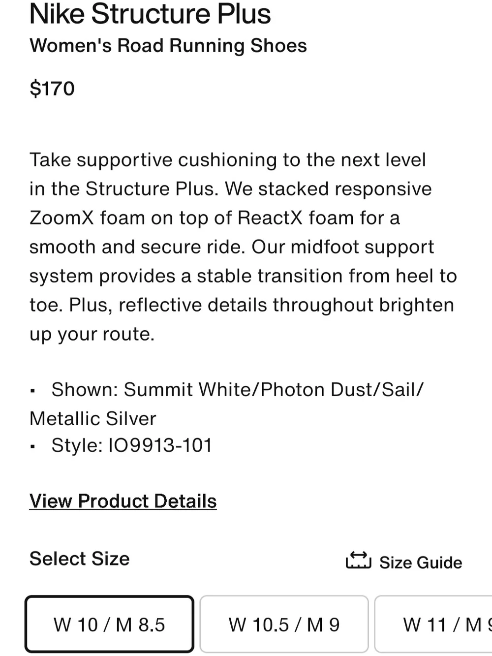 Nike Structure Plus Sz W10 Summit White/ Photon